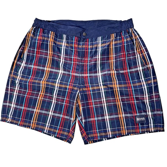 Hugo Boss Men's Plaid Swim Trunks Size M Blue Lined Drawstring Pockets EUC - Picture 1 of 12